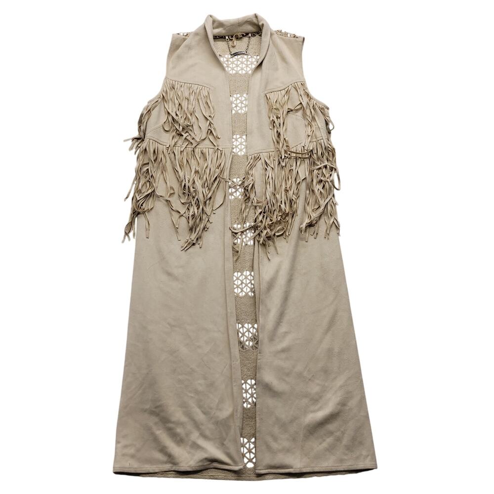 Paparazzi Womens Medium Fringe Duster Vest Cream Crochet Boho Western Open